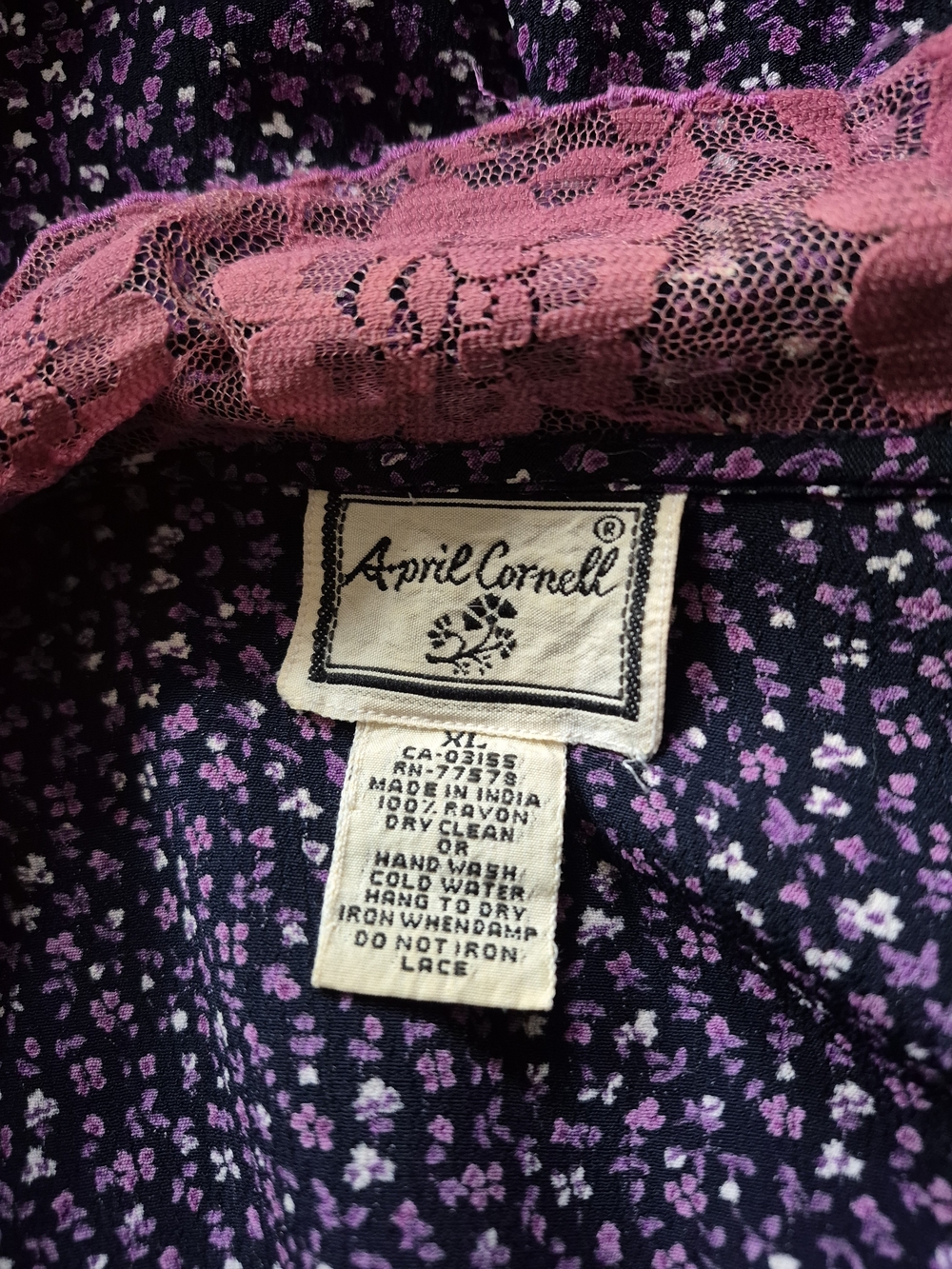 April Cornell Purple Floral Button-Front Midi Dress with Pink Lace XL - Picture 3 of 4